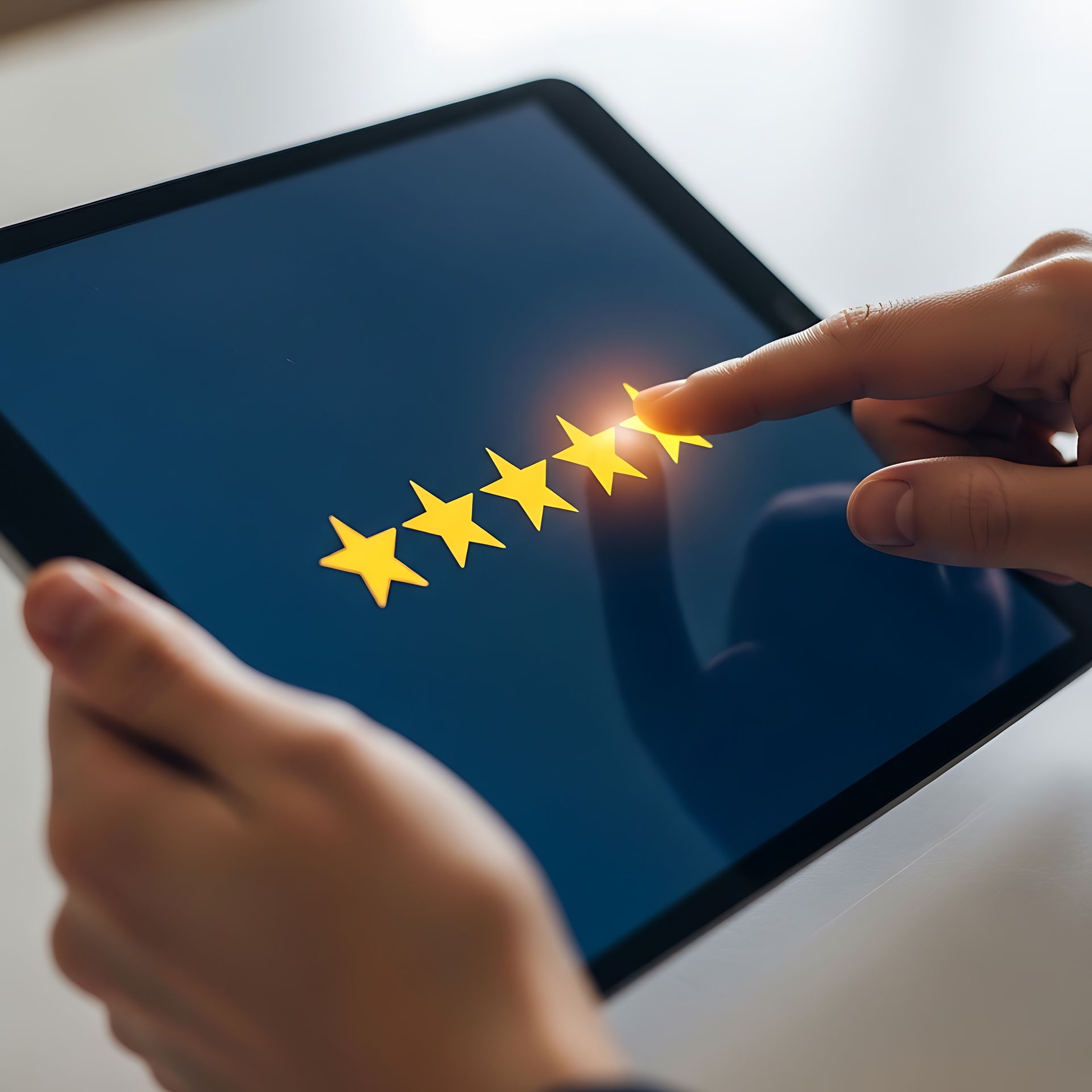 Des mains tapotent l'écran d'une tablette affichant cinq étoiles jaunes lumineuses.
