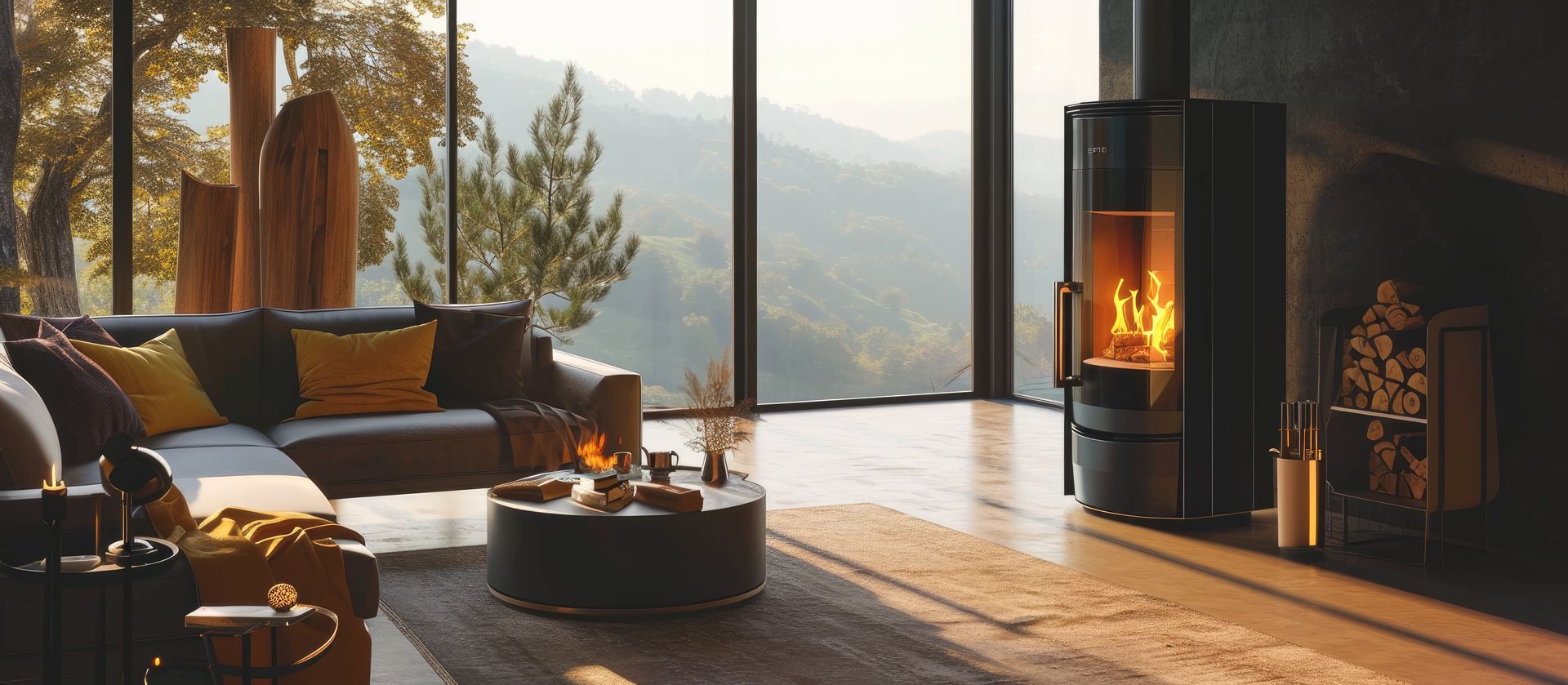 Salon moderne et confortable avec canapé, cheminée et vue sur la montagne à travers de grandes fenêtres.