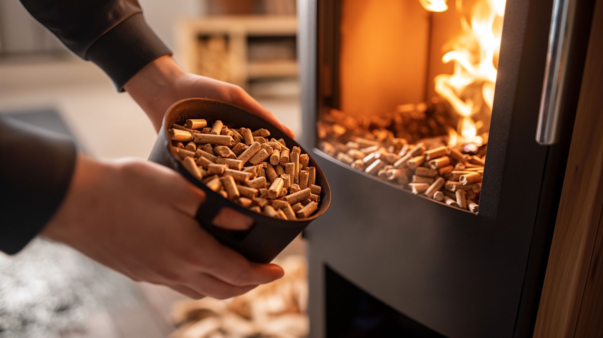 Des mains versent des granulés de bois dans un poêle à granulés noir allumé, dans une pièce confortable.