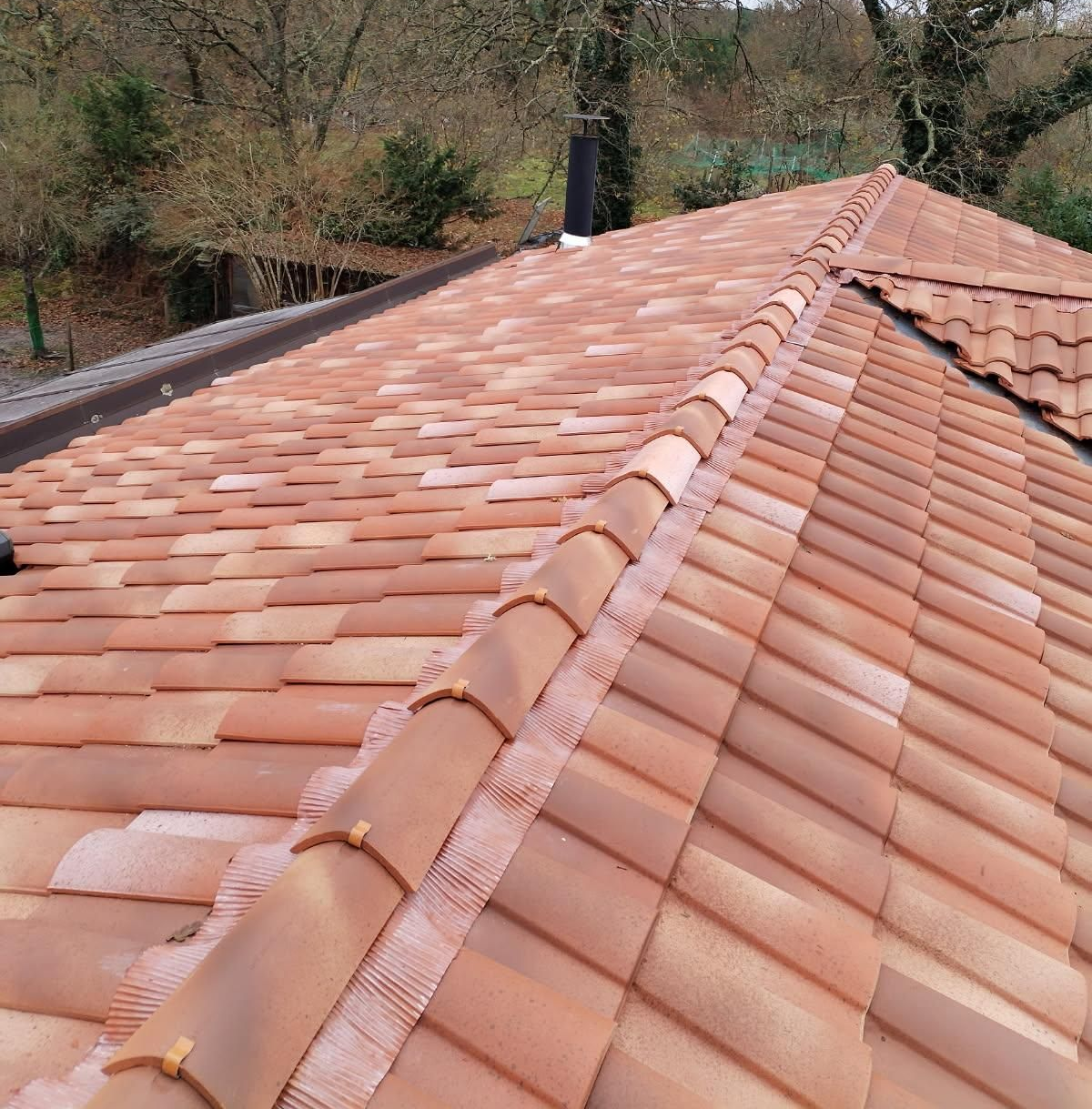 Toit de tuiles rouges d'une maison avec des arbres en arrière-plan.