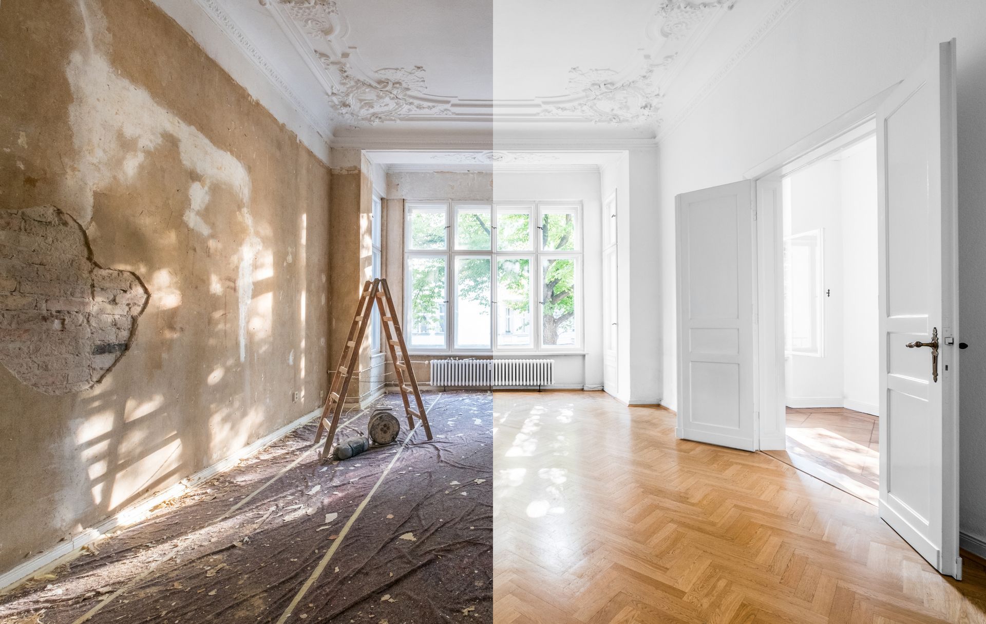 Rénovation d'une pièce avec comparaison avant/après.