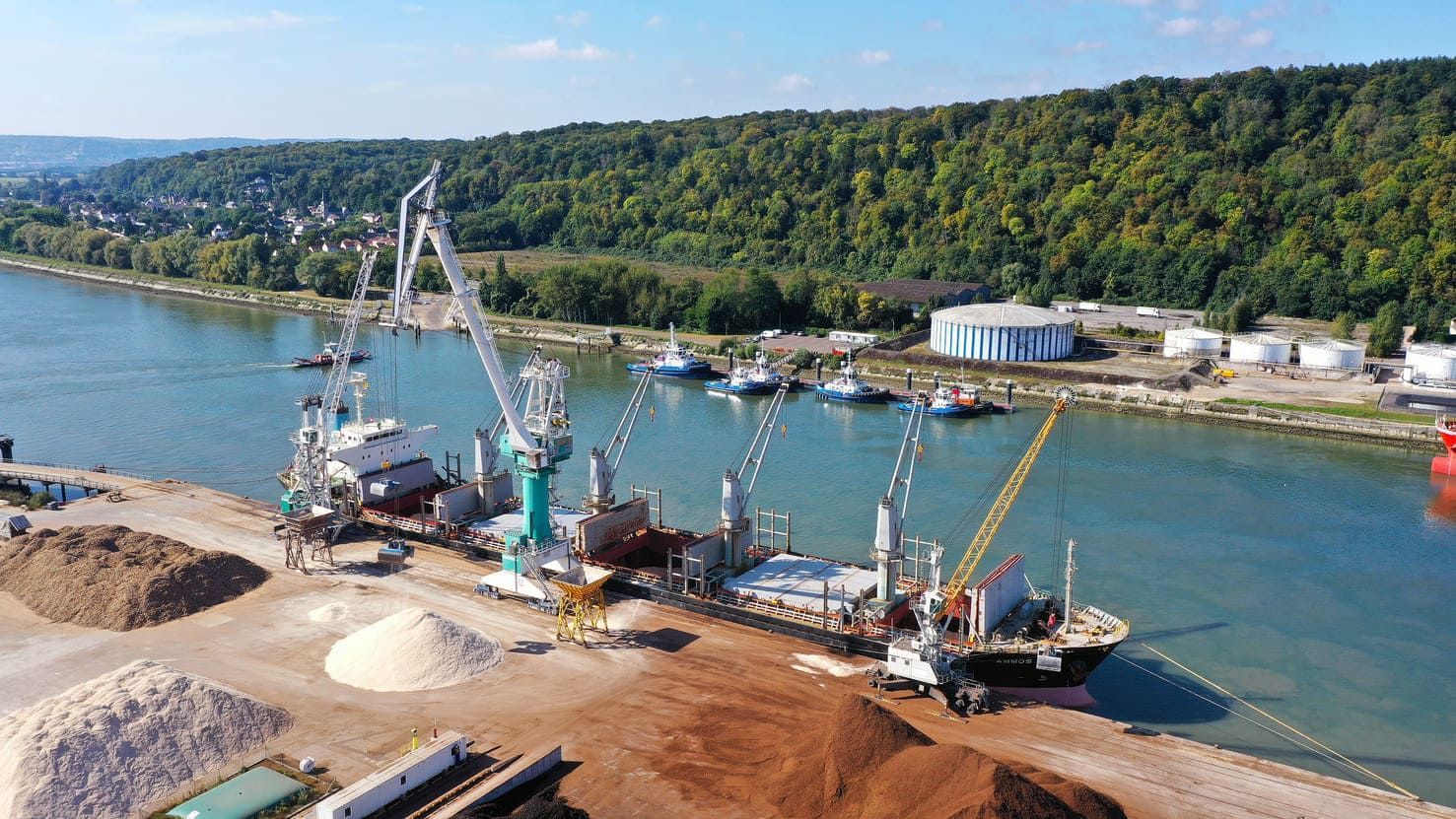 Un port fluvial avec des navires chargés/déchargés par des grues, avec une colline boisée en arrière-plan.