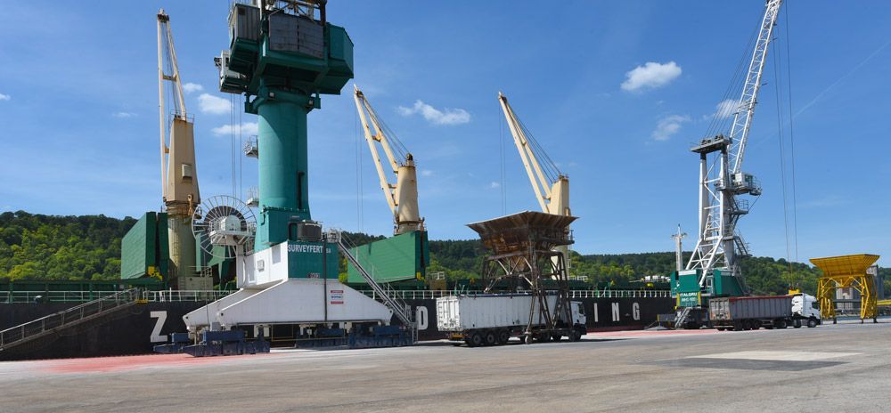 Cargo en cours de chargement dans un port. Grues et conteneurs verts sous un ciel bleu.