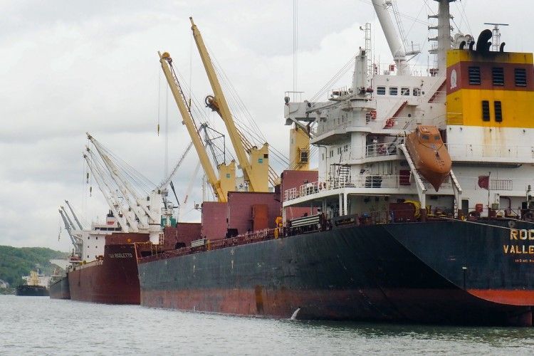 Des cargos amarrés dans un port, avec des grues chargeant et déchargeant des marchandises.