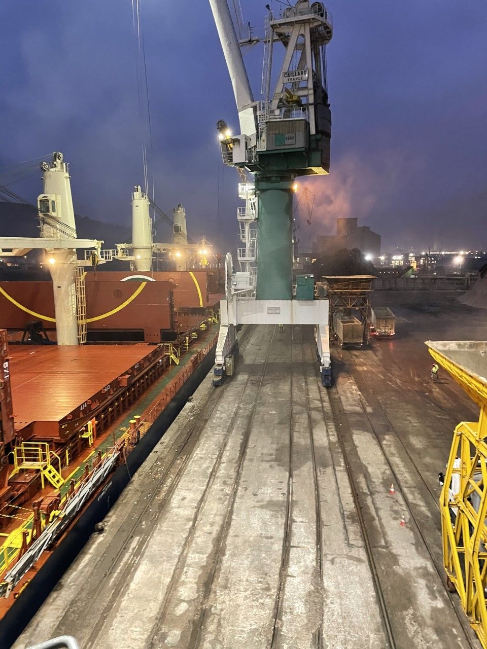Une grue charge une cargaison sur un navire à quai au crépuscule.