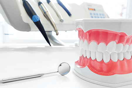 Un modelo de dientes está sentado en una mesa al lado de un espejo dental.