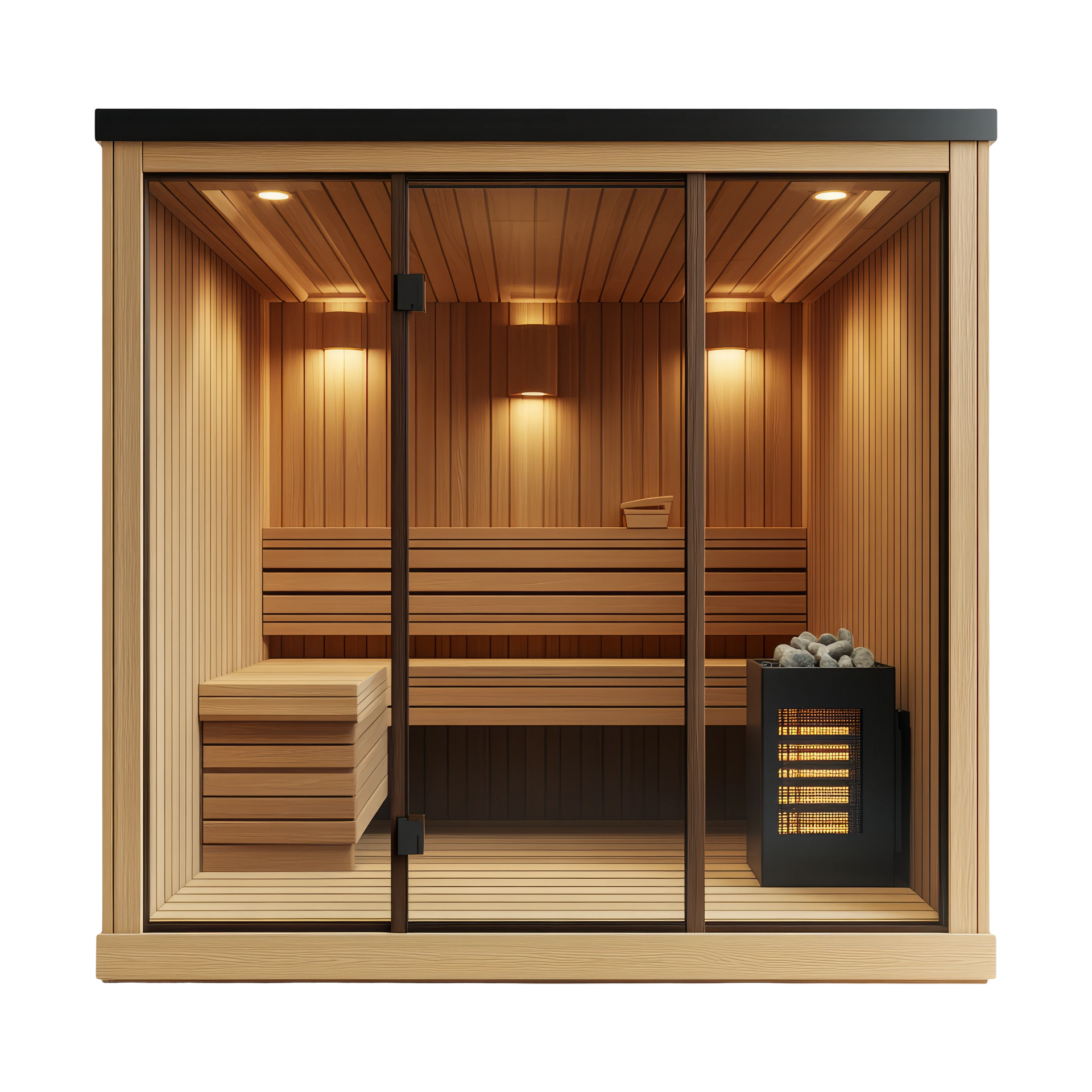Sauna en bois avec porte vitrée, vue intérieure. Lambris, banquettes, poêle à pierres et éclairage encastré.