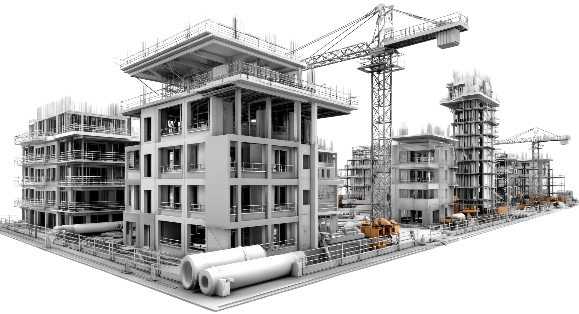 Chantier de construction avec des immeubles à plusieurs étages, des grues et des matériaux de construction.