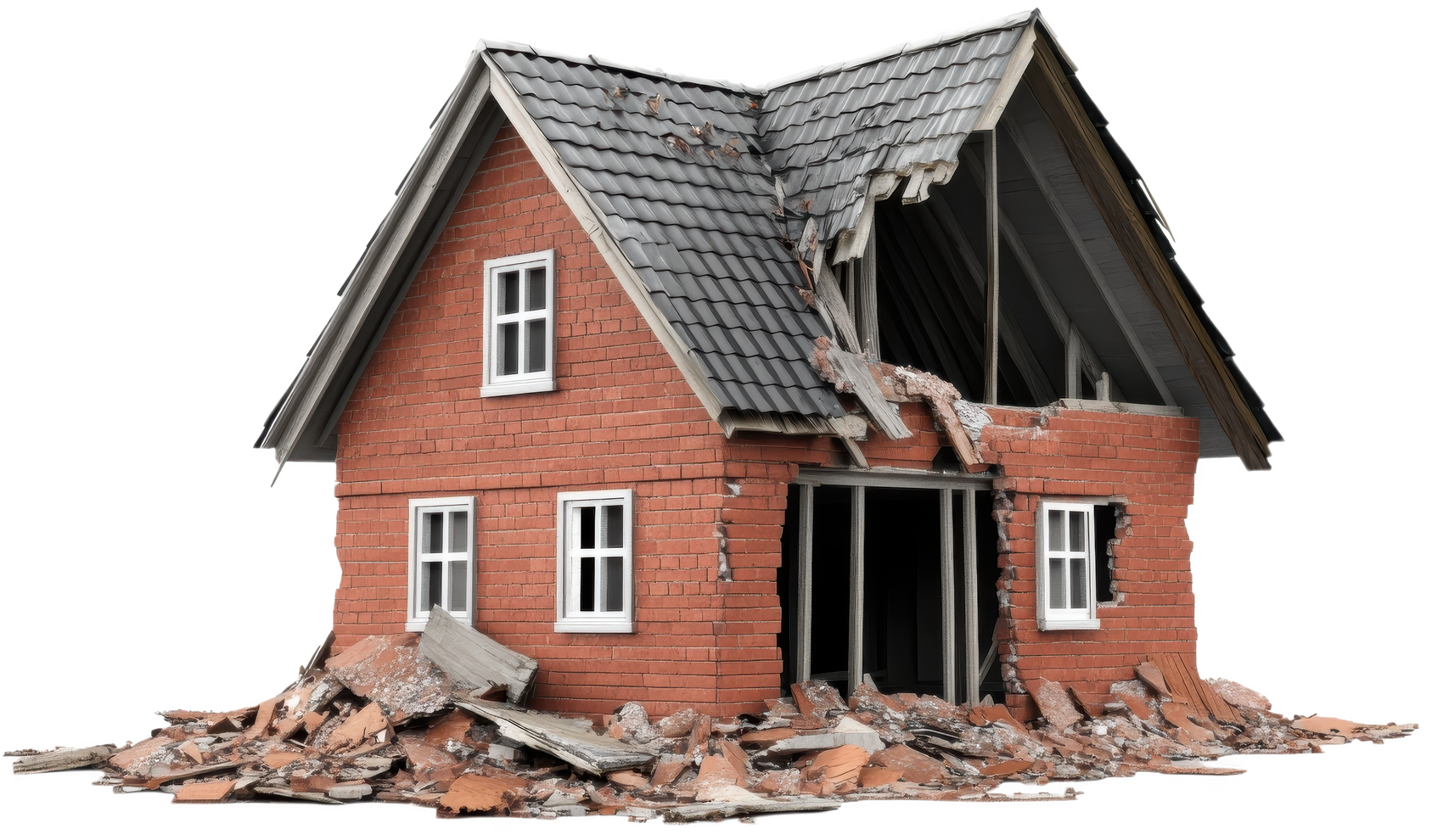 Maison en briques endommagée, toit effondré, décombres à la base.
