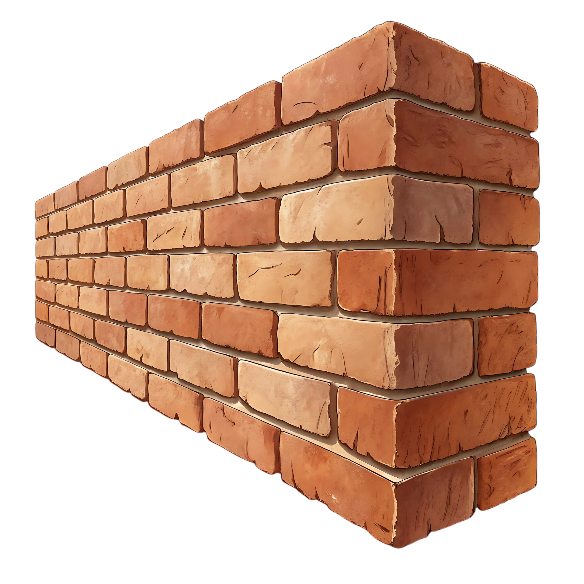 Mur en briques rouge-brun, montrant les détails des angles et un motif horizontal décalé.