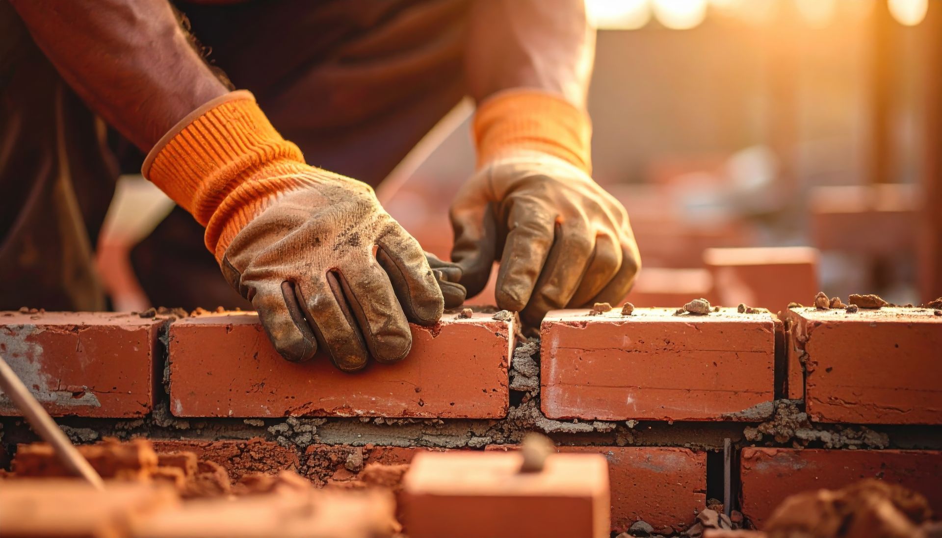 Des mains gantées posent des briques rouges sur un chantier.
