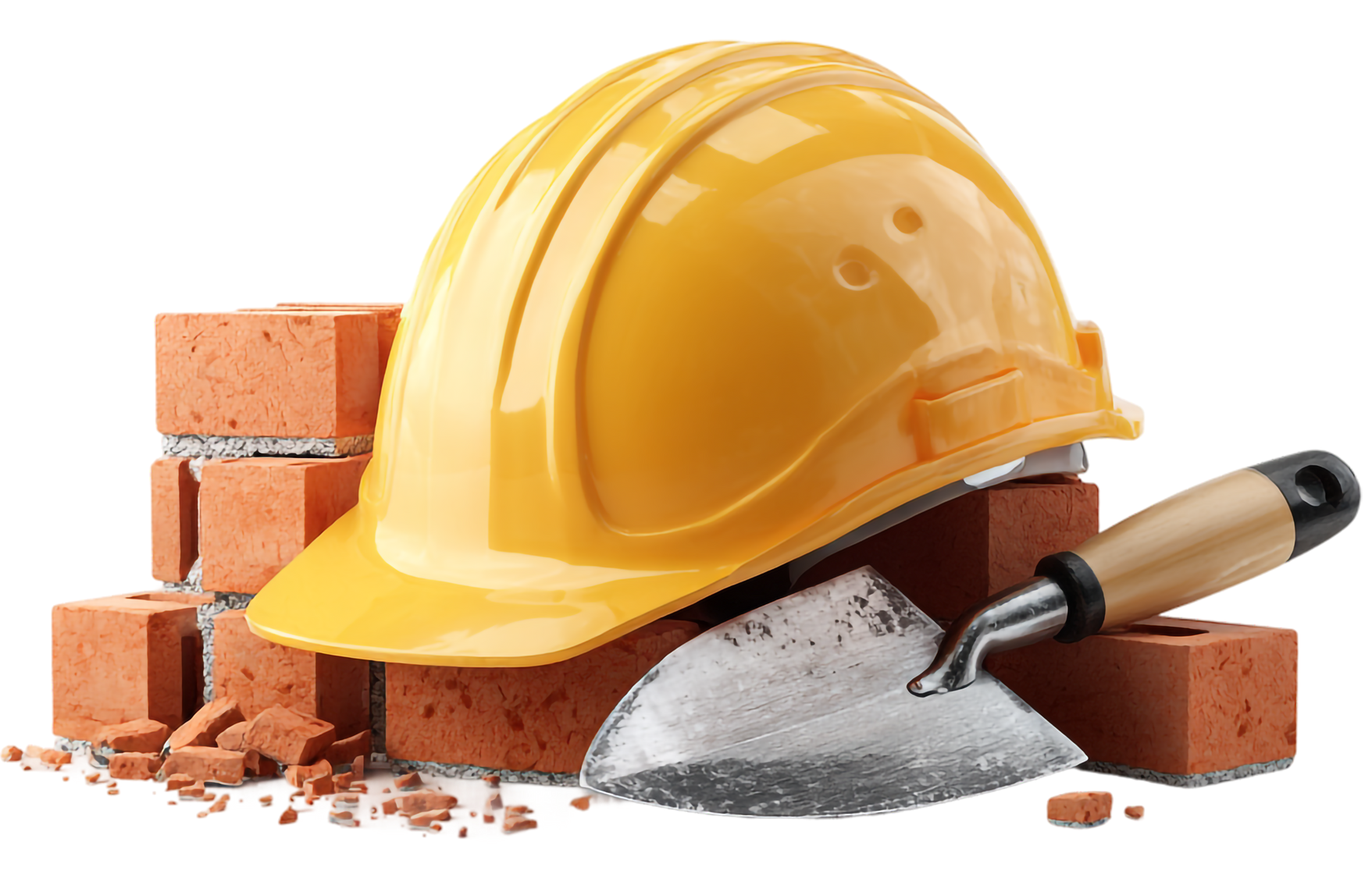 Casque jaune, briques et truelle, outils de chantier.
