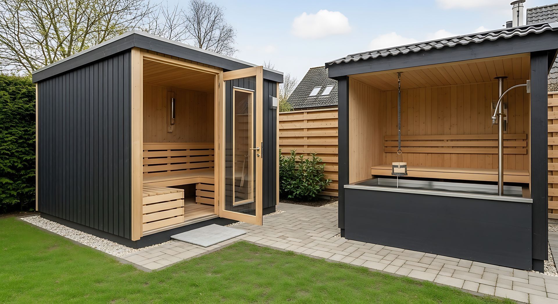 Deux saunas extérieurs revêtus de bardage gris foncé. L'un est fermé, l'autre ouvert. Tous deux sont entourés d'aménagements paysagers.