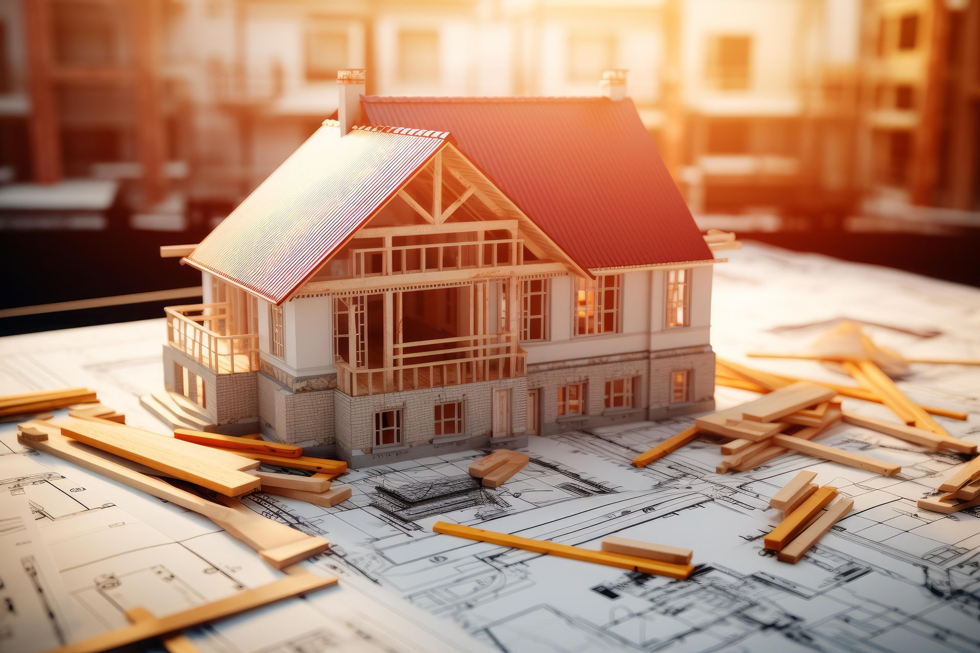Maison modèle en construction d'après des plans architecturaux, avec des éléments en bois épars.