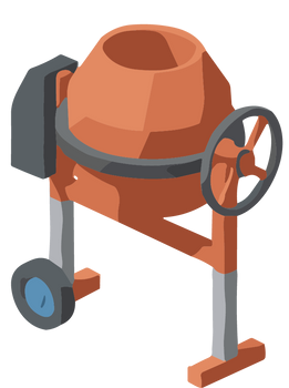 Bétonnière orange, avec un moteur gris.