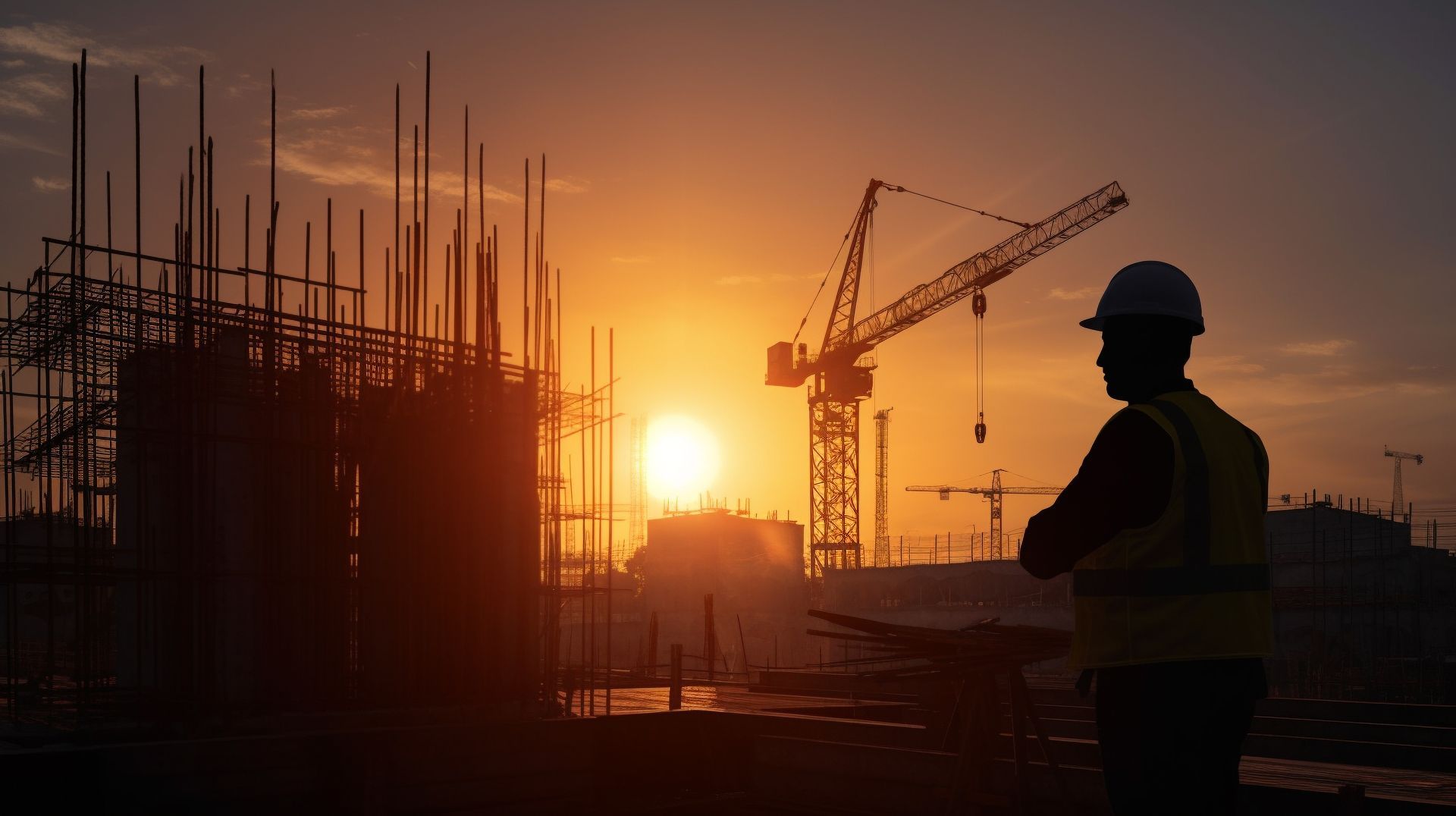 Un ouvrier du bâtiment surveille un chantier au coucher du soleil.