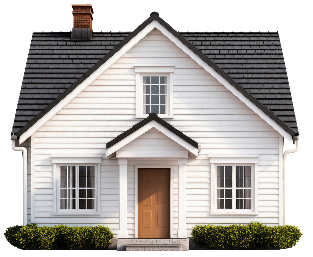 Maison blanche avec porte marron, toit sombre, cheminée, fenêtres et verdure devant.