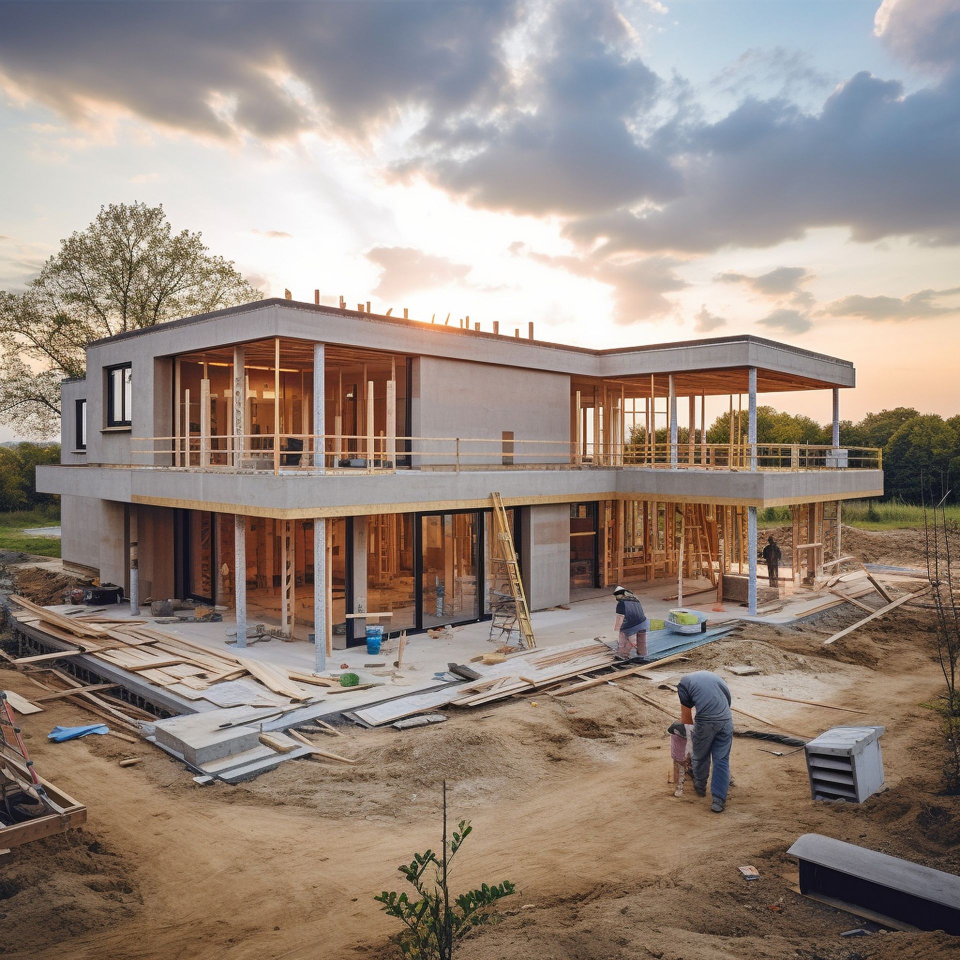 Construction d'une maison moderne à deux étages, ouvriers présents.