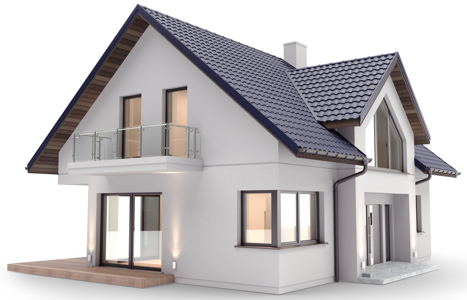 Maison blanche à deux étages avec un toit bleu foncé, un petit balcon et de grandes fenêtres.