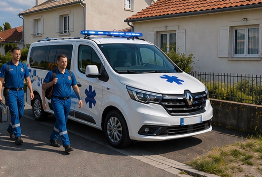 Un homme en bleu qui marche prés de son amublance