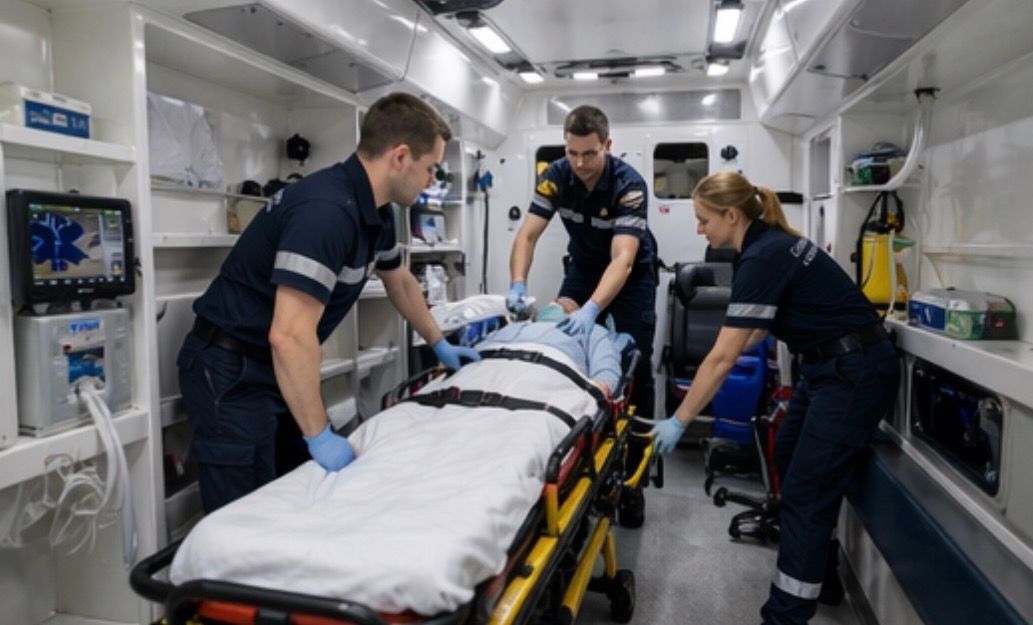 L'intérieur d'une ambulance avec un brancard dedans