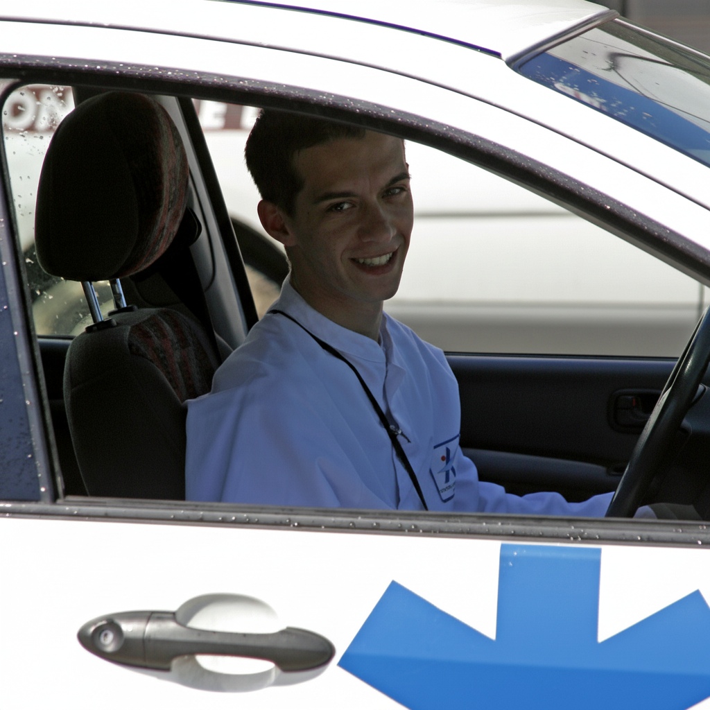 Un ambulancier dans sa voiture