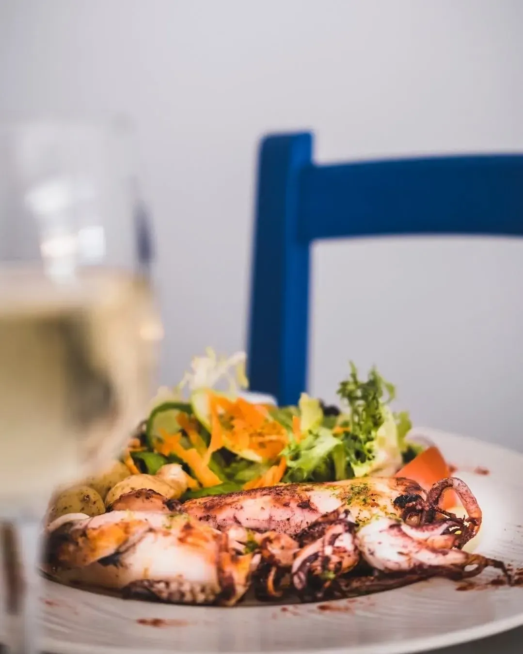 Calamares a la parrilla servidos con una ensalada fresca en un plato blanco, con una copa de vino en primer plano.