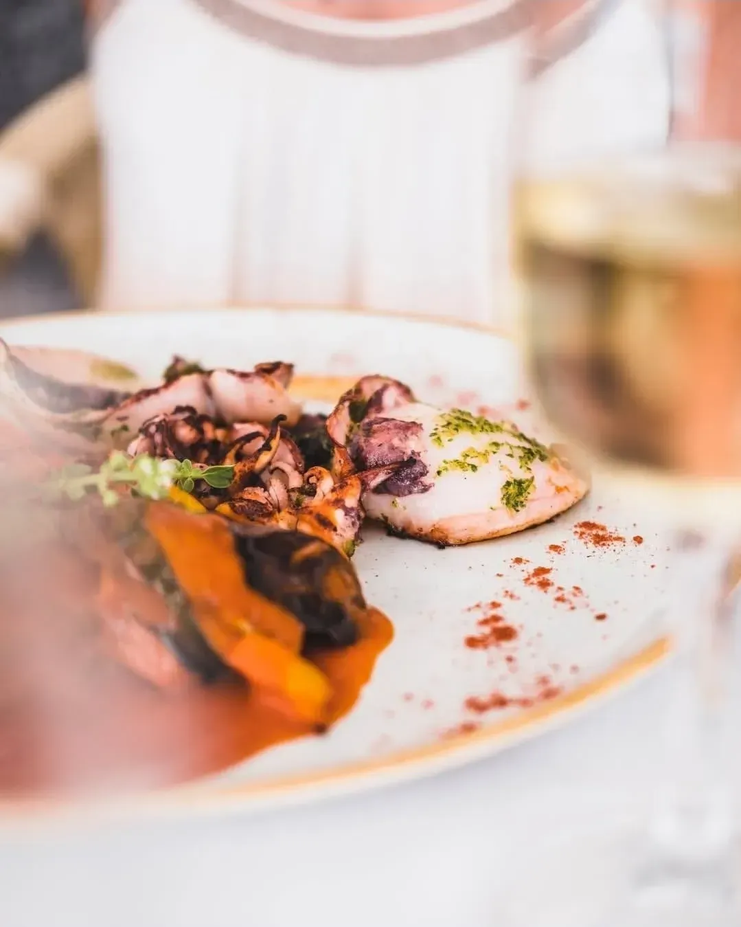 Primer plano de un plato que contiene pulpo a la parrilla, verduras cocidas y condimento rojo sobre un plato blanco.