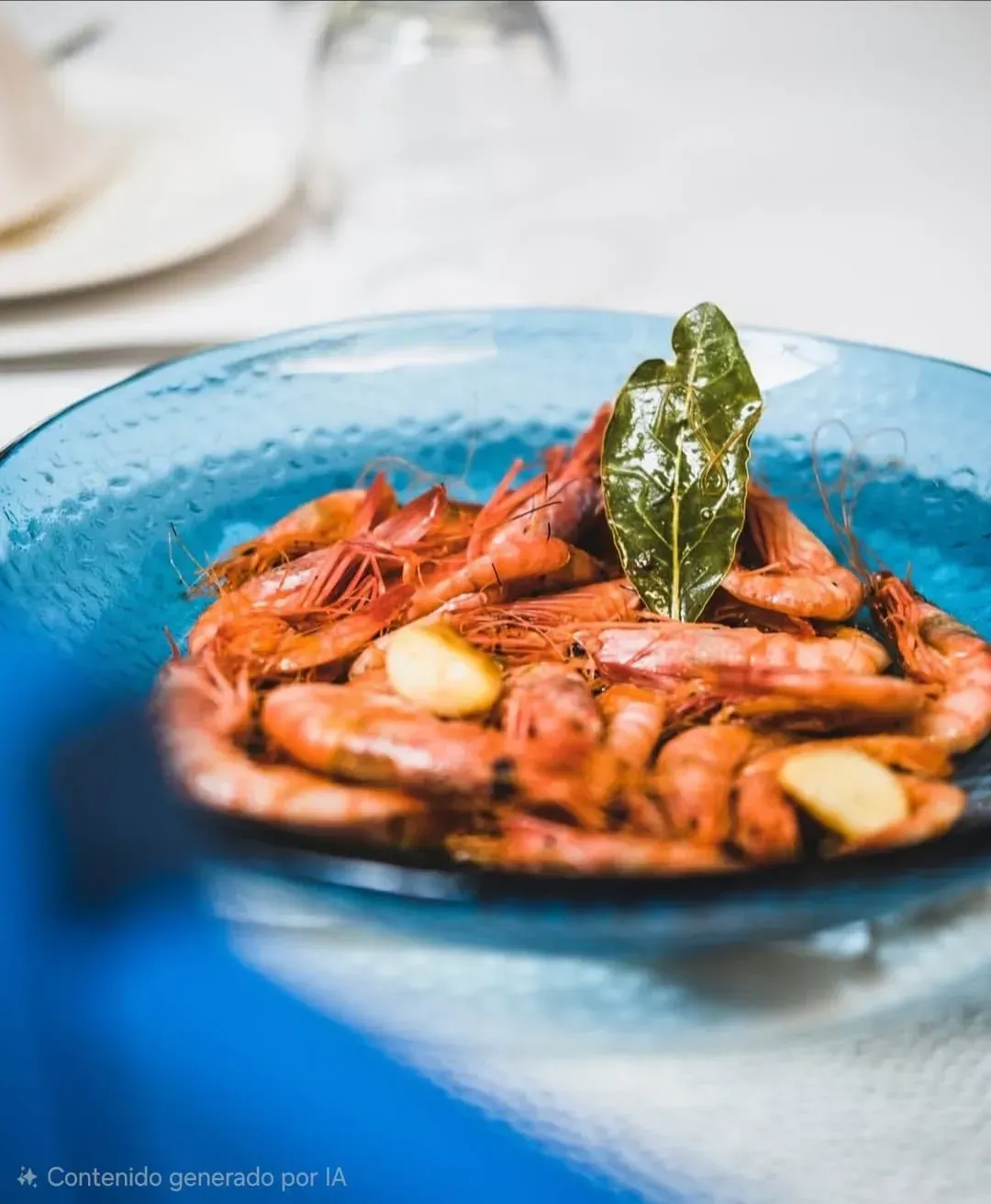 Un plato azul lleno de gambas salteadas, adornado con una hoja de laurel y dientes de ajo, reposando sobre un mantel blanco.