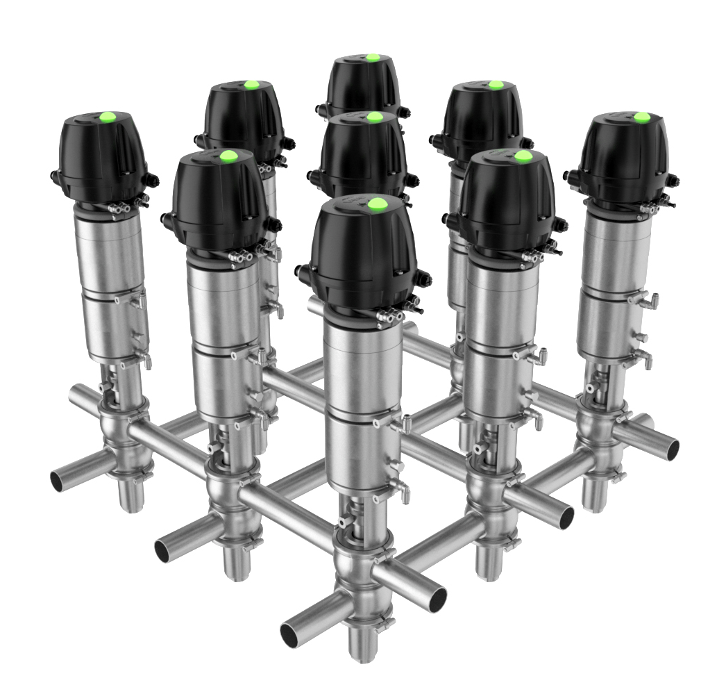 Matrix aus neun Edelstahlventilen mit schwarzen Antrieben und grüner Markierung auf jedem Antrieb
