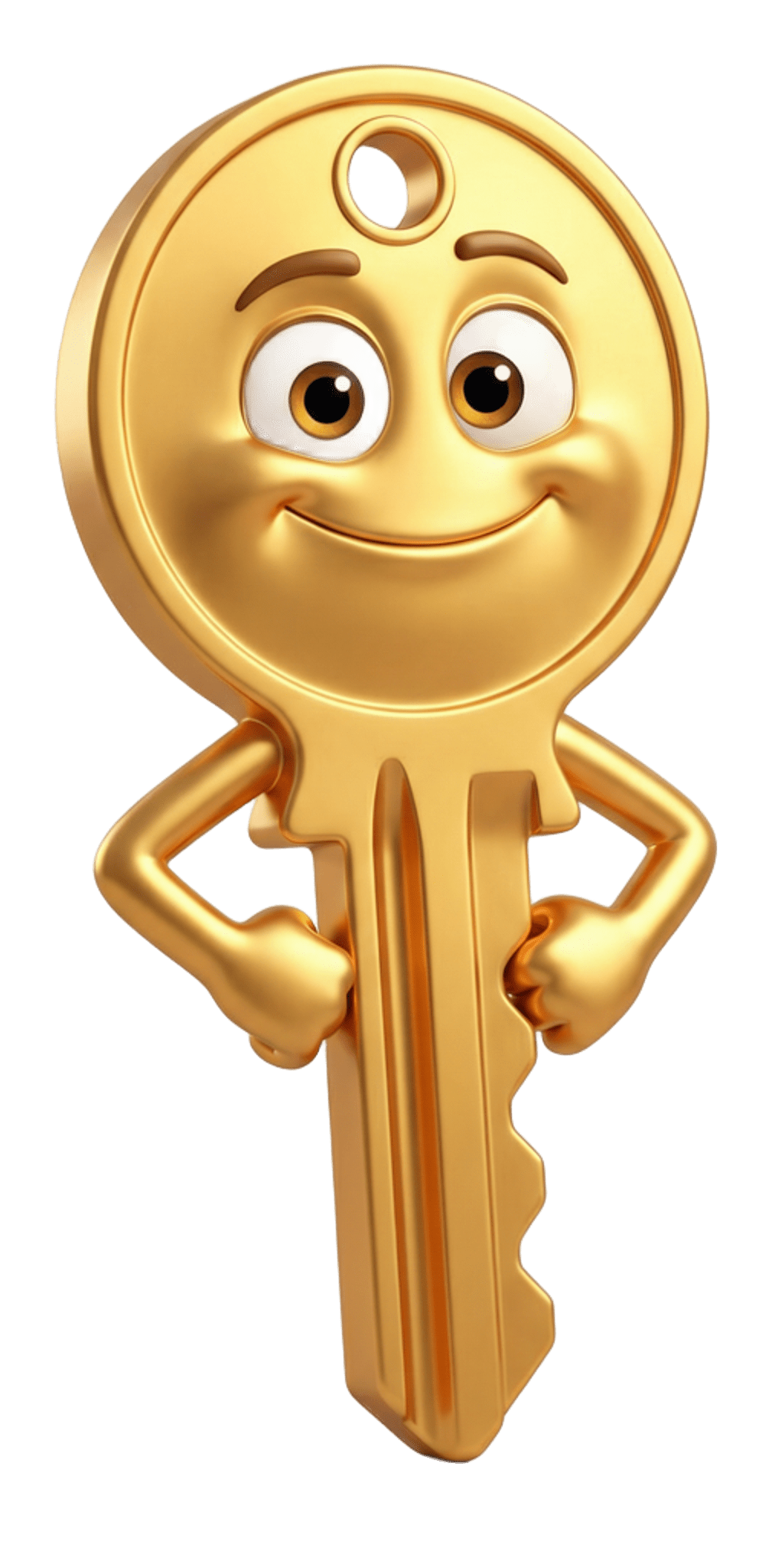 Une clé dorée anthropomorphe et sympathique, au visage souriant et les mains sur les hanches.