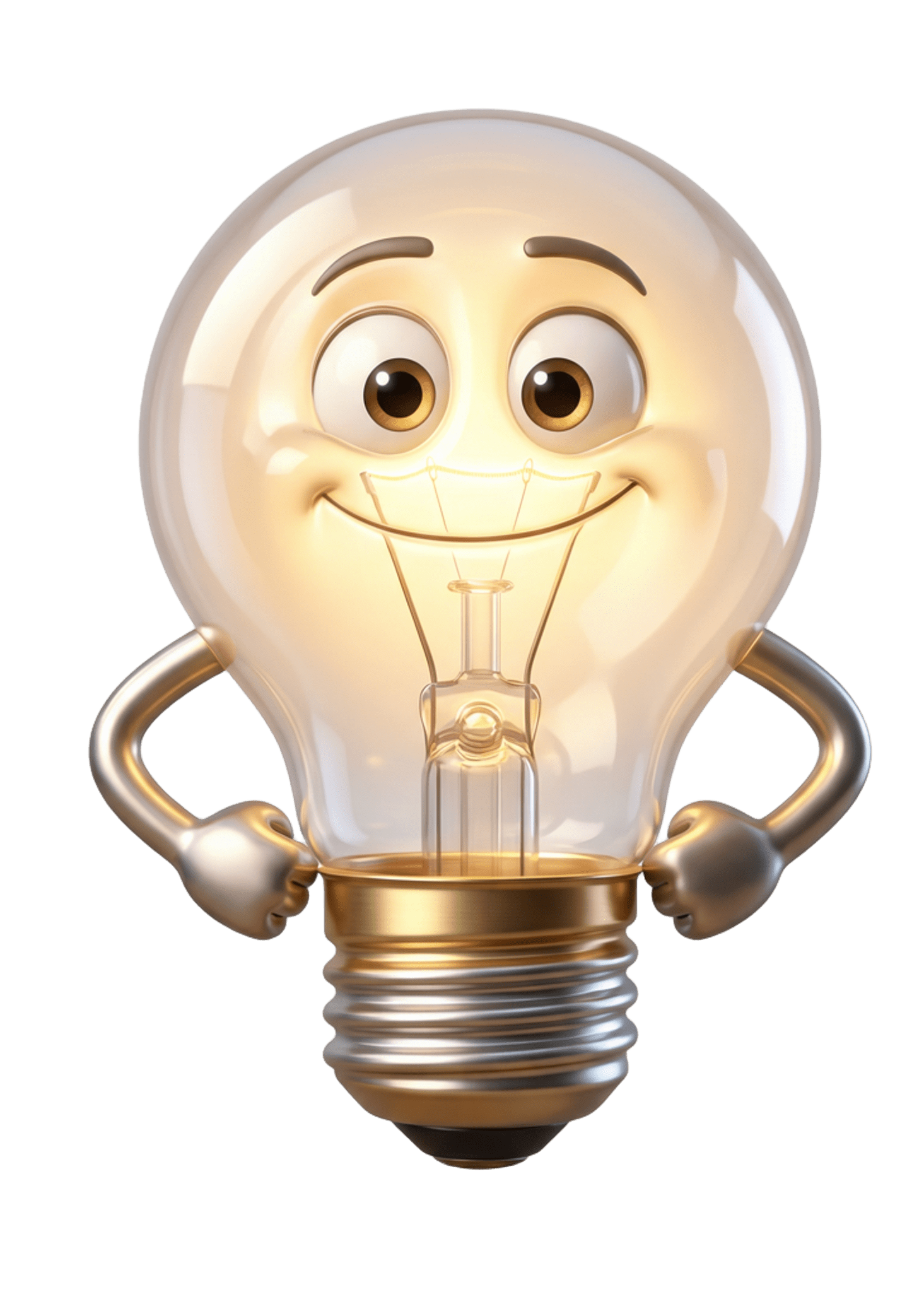 Illustration 3D d'une ampoule au visage joyeux, les mains sur les hanches, sur fond blanc.