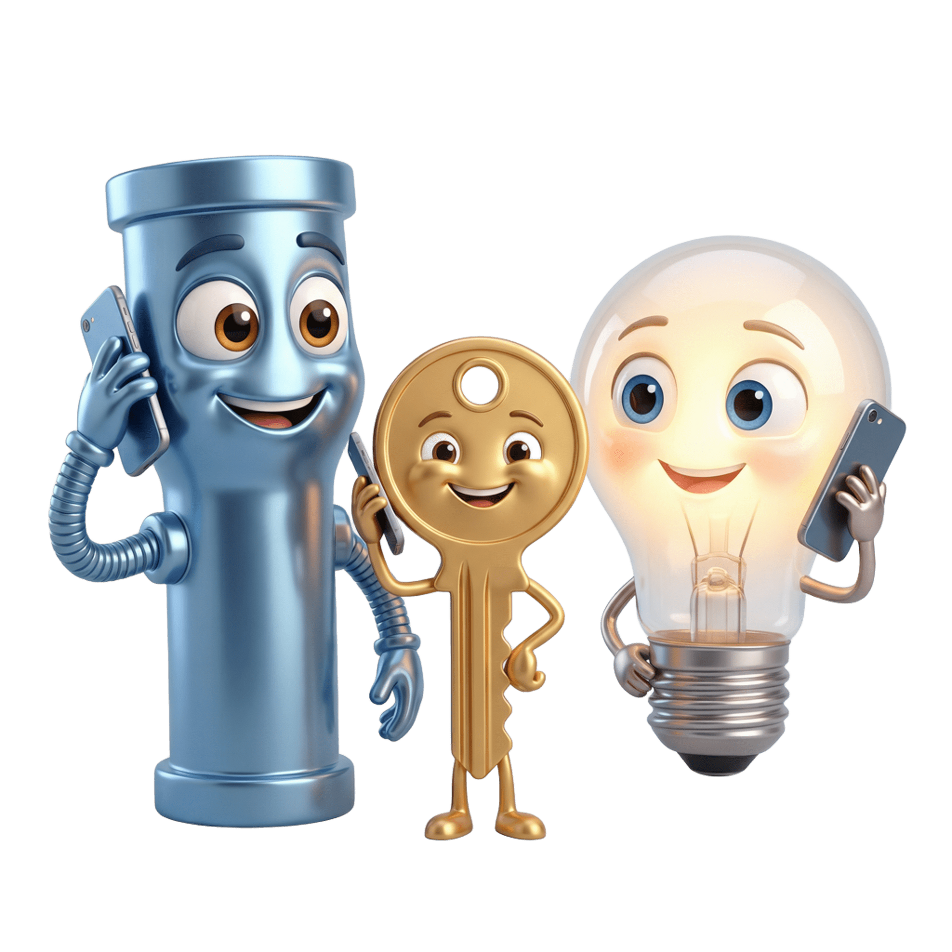 Un tuyau bleu, une clé dorée et un personnage en forme d'ampoule, tous avec des visages amicaux, se tiennent ensemble en tenant des smartphones.