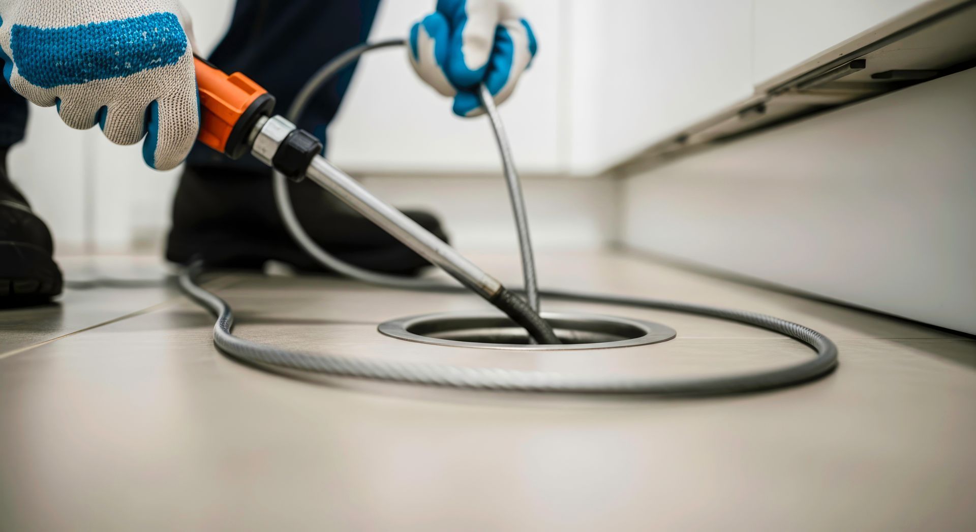 Un ouvrier portant des gants de travail bleus et blancs utilise un furet de plomberie pour déboucher une canalisation de sol.