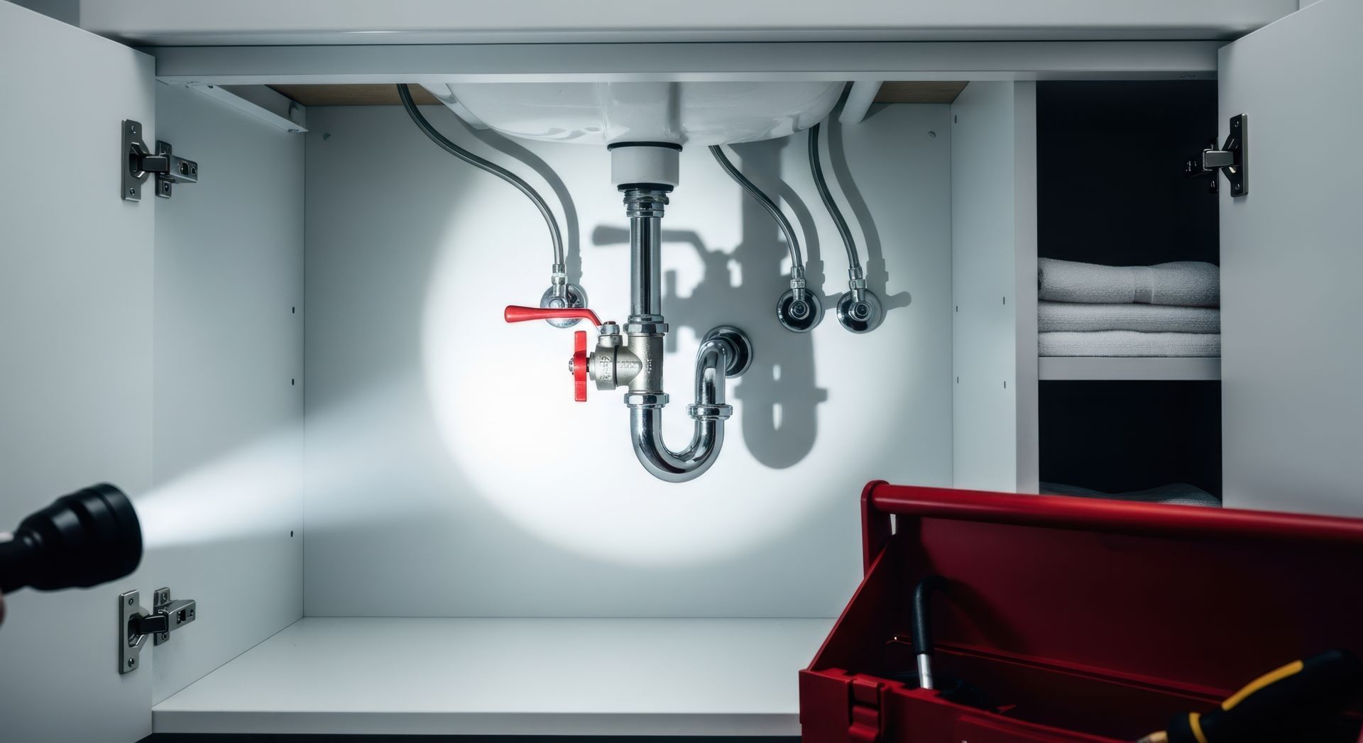 Une lampe torche éclaire la tuyauterie d'un lavabo de salle de bain à l'intérieur d'un meuble blanc, avec une boîte à outils rouge au premier plan.