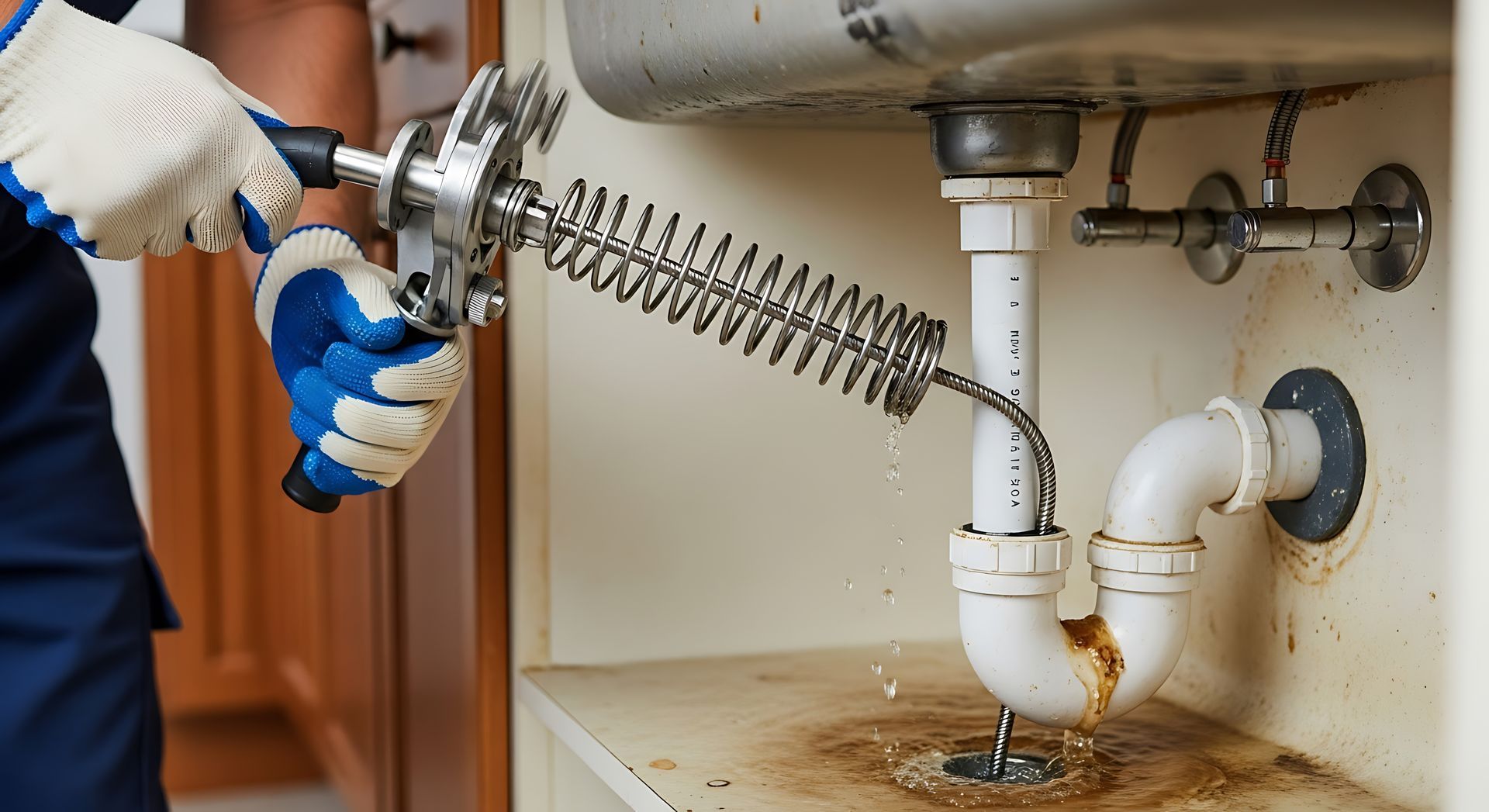 Un plombier ganté utilise une tarière pour déboucher le siphon blanc situé sous un évier de cuisine.