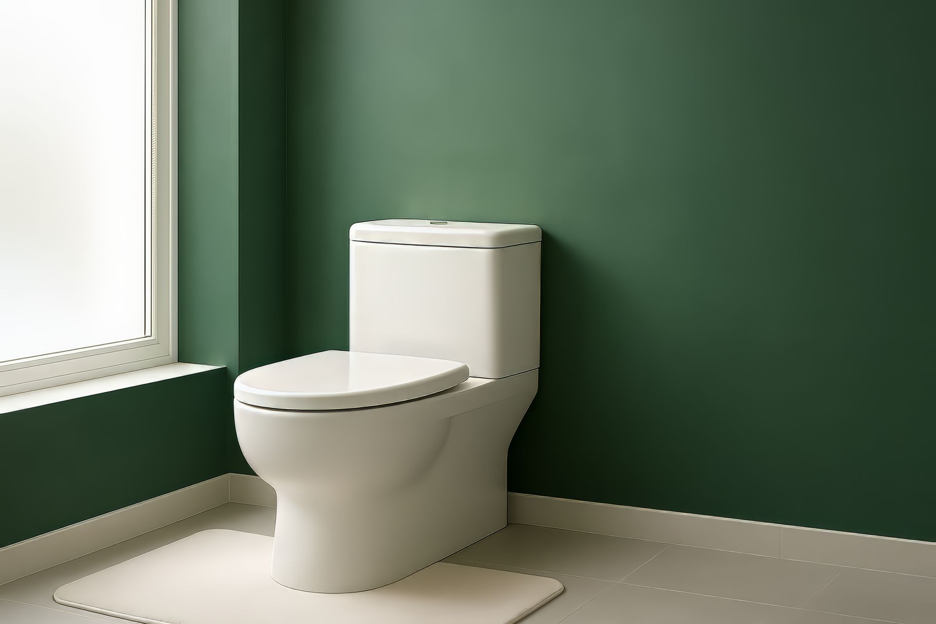 Des toilettes blanches sont adossées à un mur vert foncé uni, à côté d'une fenêtre lumineuse, avec un tapis de bain clair au sol.