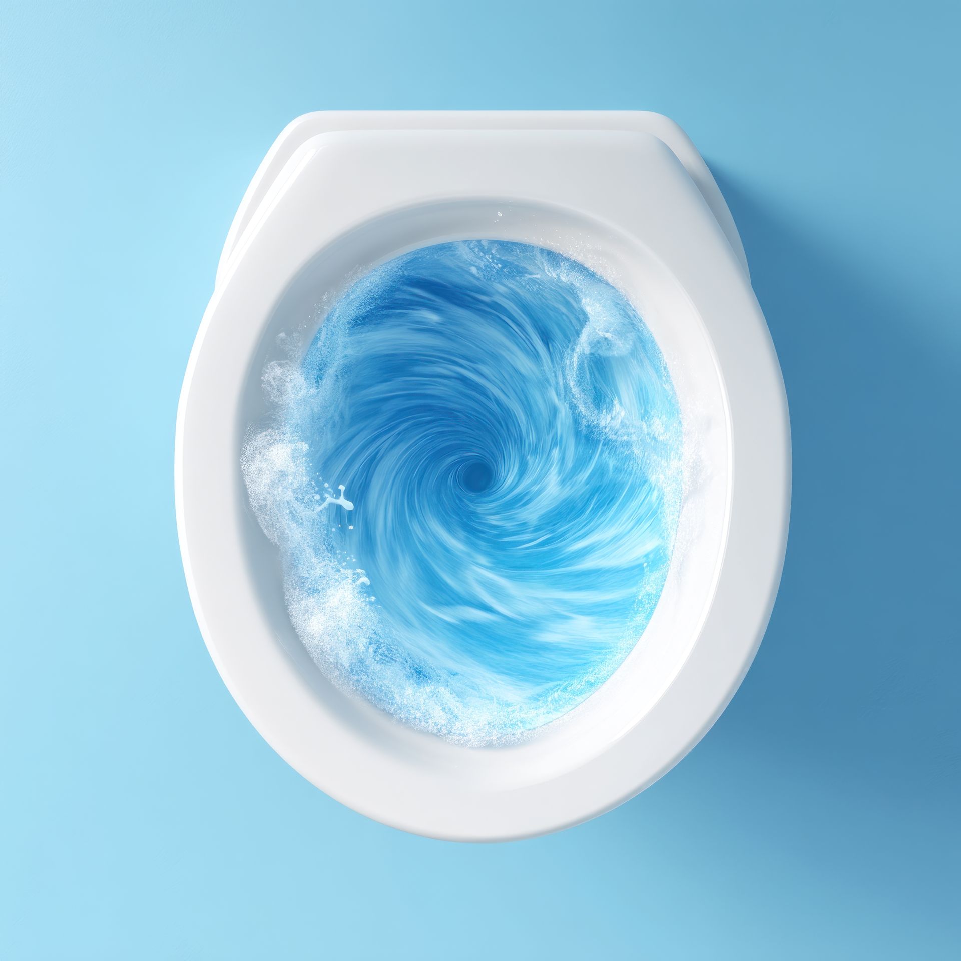 Une cuvette de toilettes blanche sur fond bleu, montrant l'eau bleue tourbillonnante et bouillonnante qui s'écoule.