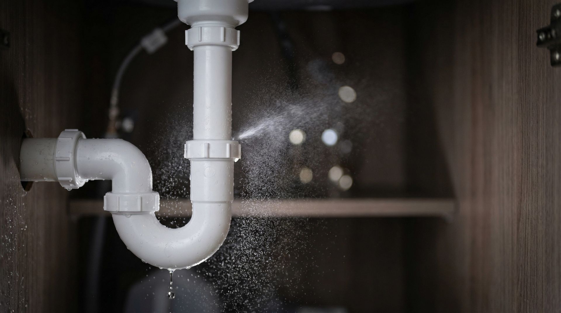 Un tuyau en P blanc sous un évier fuit, projetant de l'eau dans le placard situé en dessous.