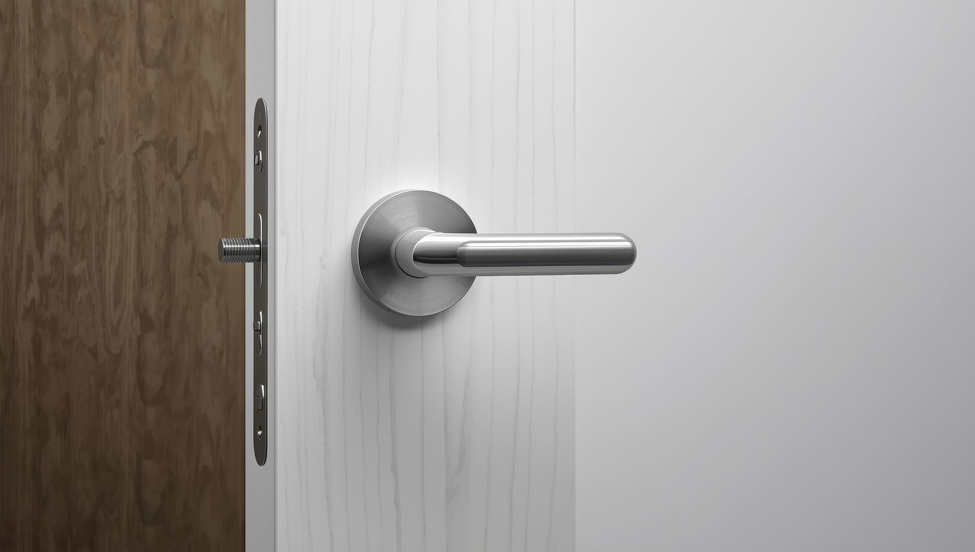 Une poignée de porte métallique moderne avec une plaque de base circulaire, fixée sur un chant de porte blanc à côté d'un mur lambrissé.