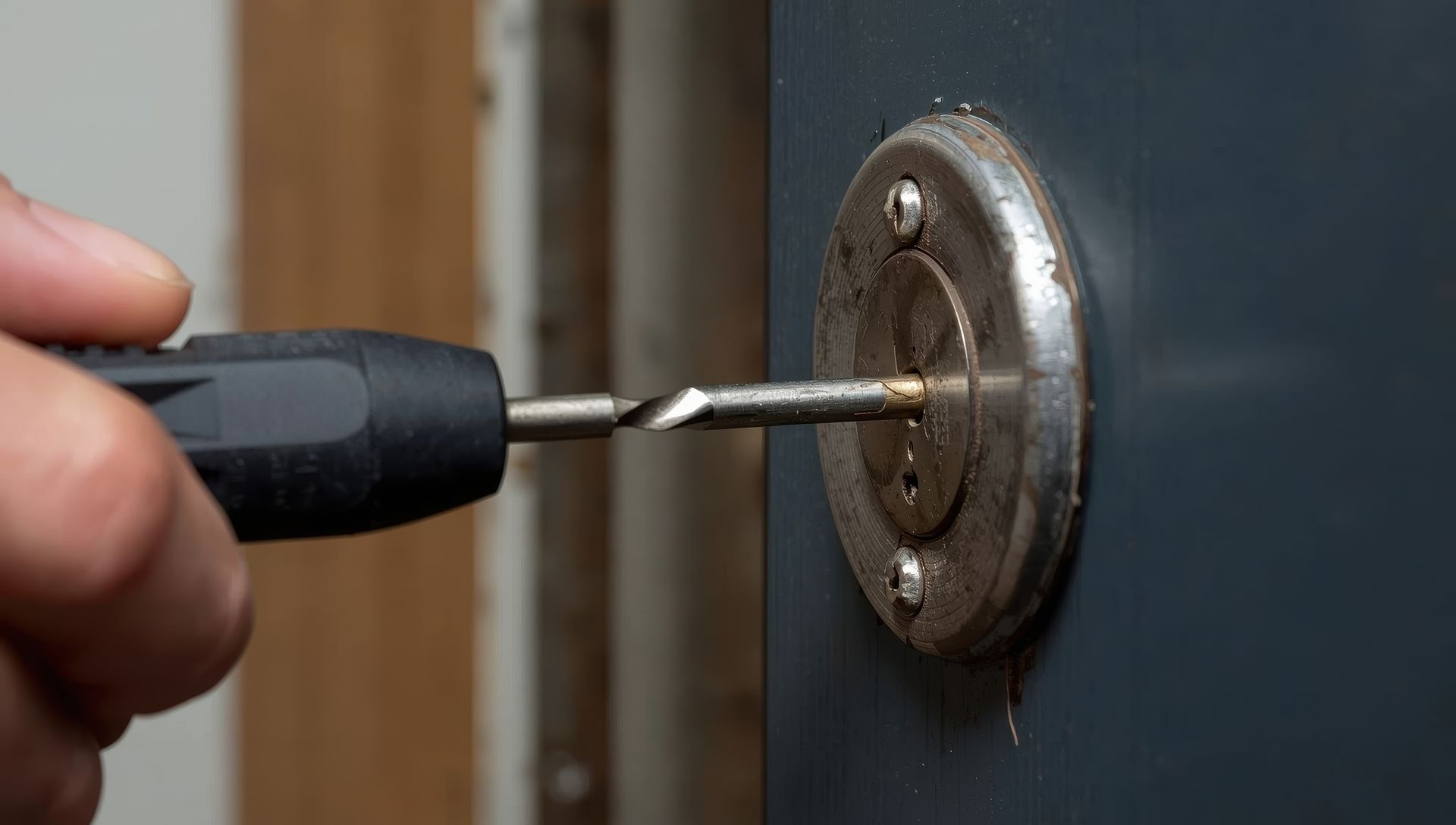 Une main utilise une perceuse pour percer le cylindre métallique d'une serrure de porte gris foncé.
