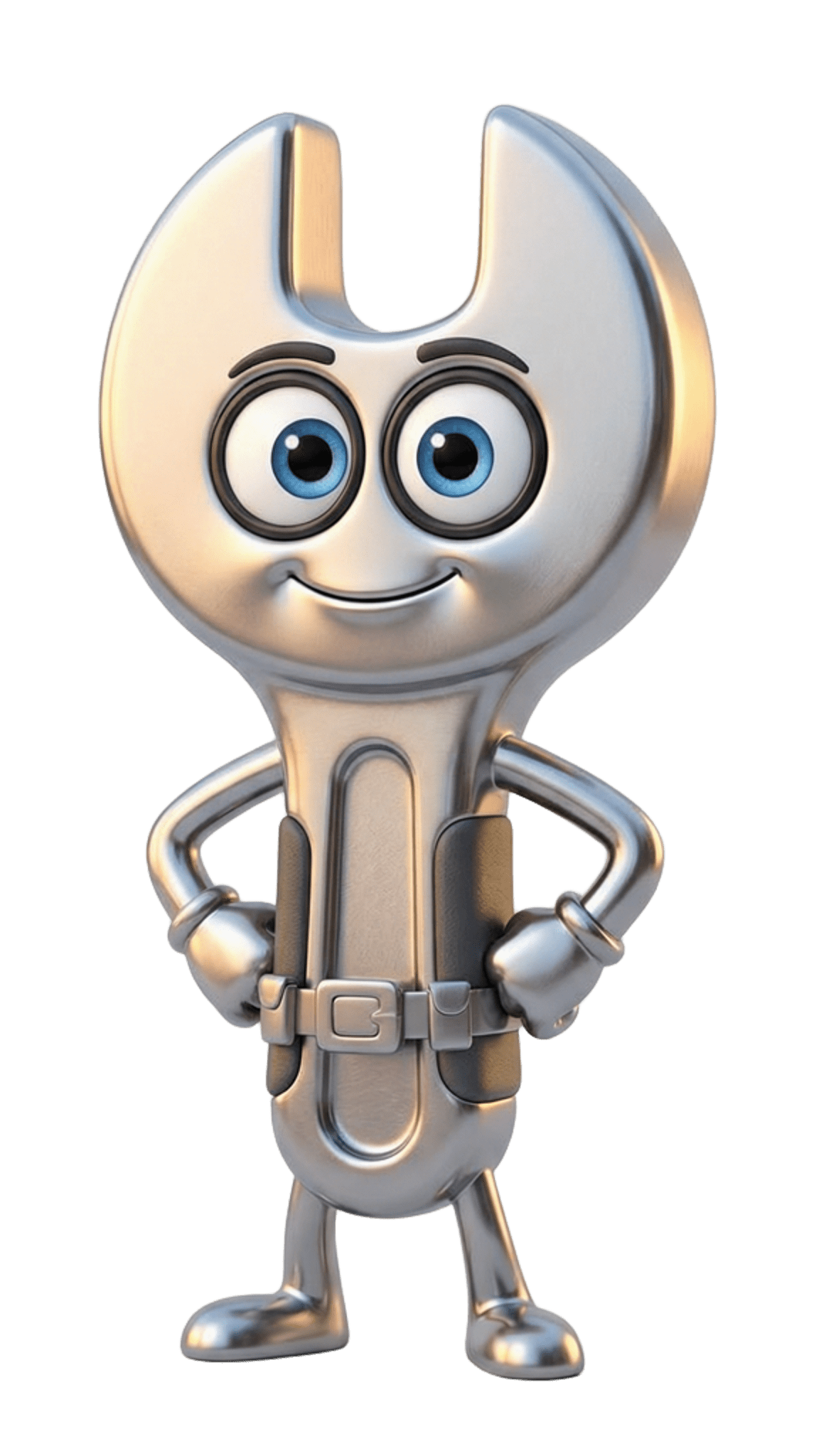 Un personnage de dessin animé en forme de clé à molette, au visage souriant, aux grands yeux bleus et aux bras croisés, se détachant sur un fond blanc.