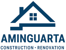 Logo pour Aminguarta Construction et Rénovation, représentant la silhouette d'une maison bleue et le nom de l'entreprise.