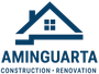 Logo pour Aminguarta Construction et Rénovation, représentant la silhouette d'une maison bleue et le nom de l'entreprise.