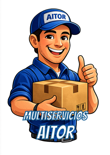 Un repartidor sonriente con uniforme y gorra azules sostiene un paquete de cart&oacute;n y levanta el pulgar. El texto dice AITOR.