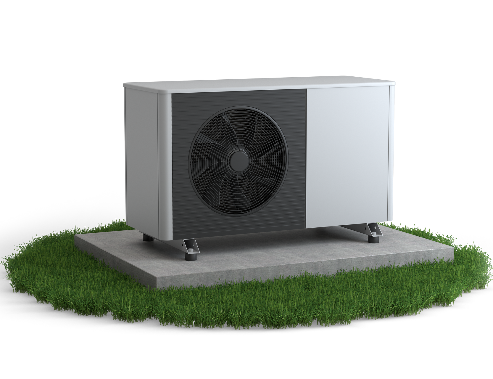 Unité de pompe à chaleur sur dalle de béton, entourée de gazon.