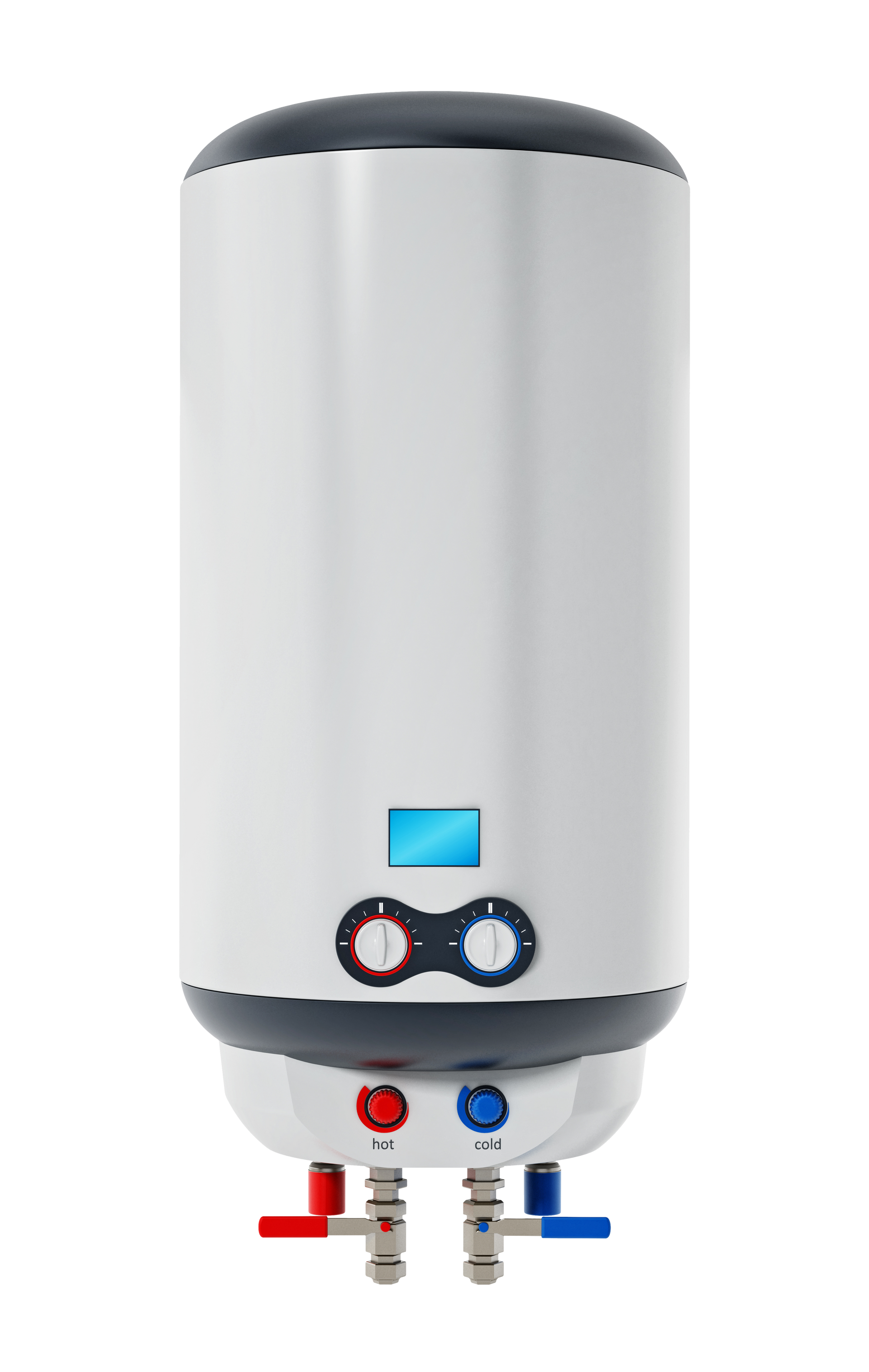 Chauffe-eau électrique blanc avec tuyaux rouges et bleus et panneau de commande.