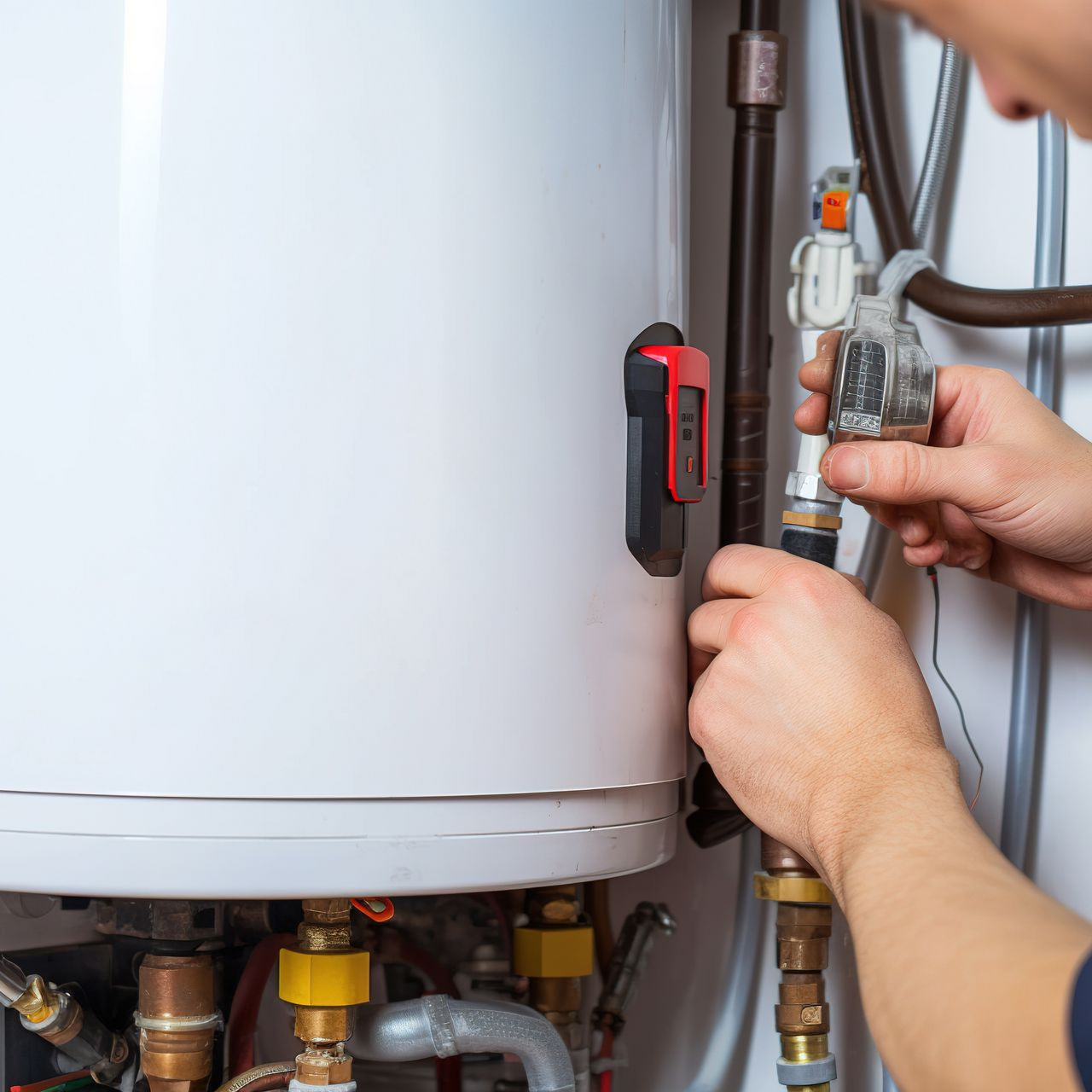 Personne travaillant sur un chauffe-eau, en raccordant des tuyaux.