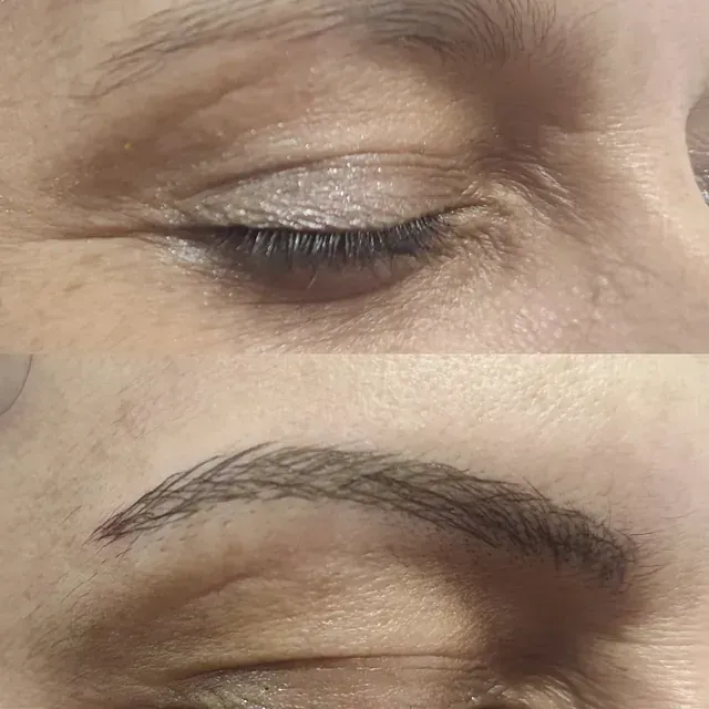 Una fotografía de antes y después de las cejas de una mujer.