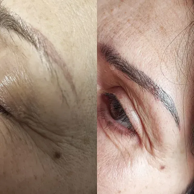 Una fotografía de antes y después de las cejas de una mujer.